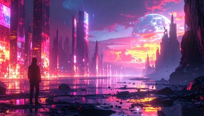 A silhouette of a human figure stands facing the horizon, gazing at towering skyscrapers and a large planet in the distance