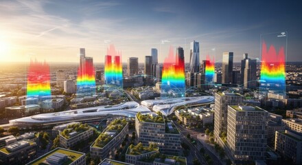 Futuristic City Skyline with Digital Data Visualizations and Graphs During Sunset