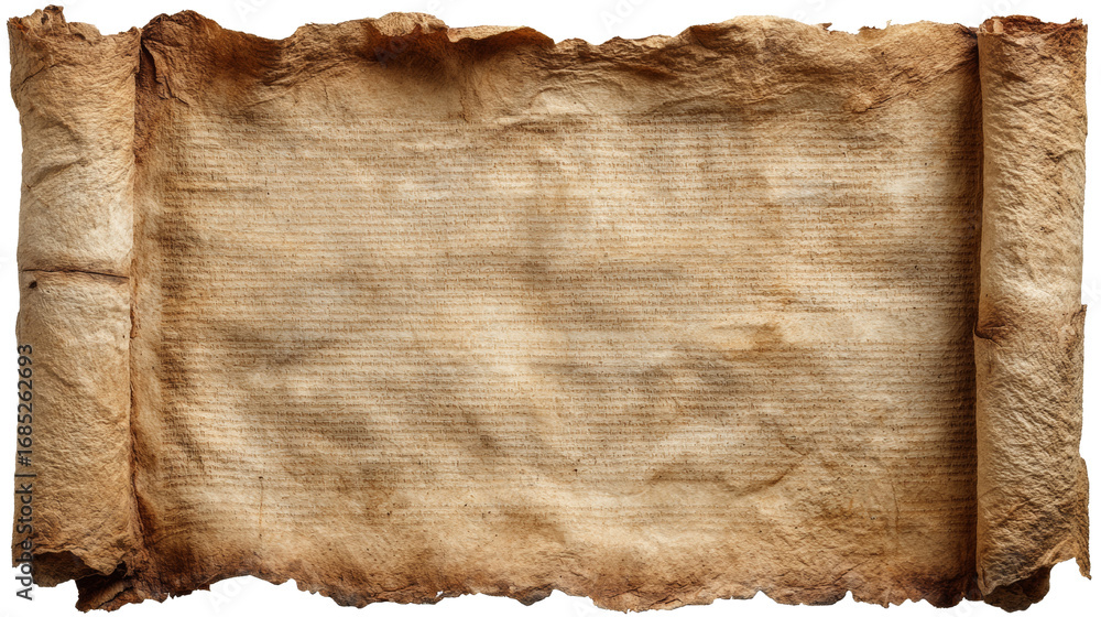 Poster Antique parchment scroll with faded script and weathered edges on transparent background for