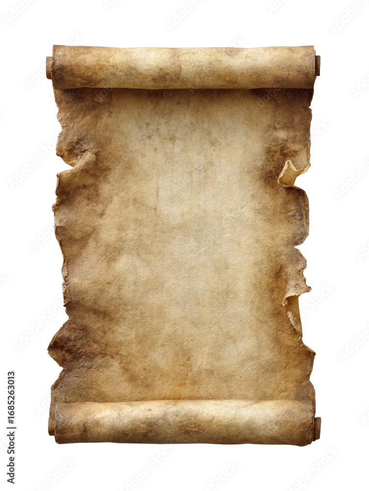 Poster Antique parchment scroll unfurled on a transparent layer with textured edges creating a vintage