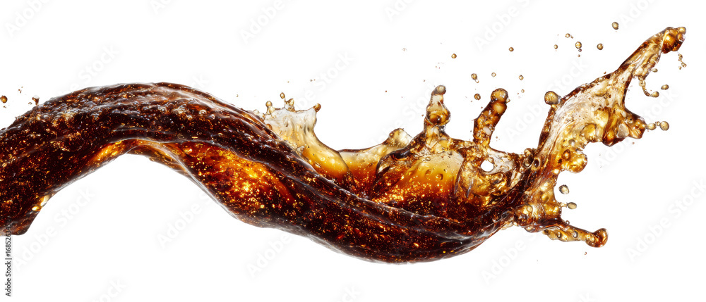 Poster dynamic wave of refreshing cola with bursting droplets against isolated transparent background