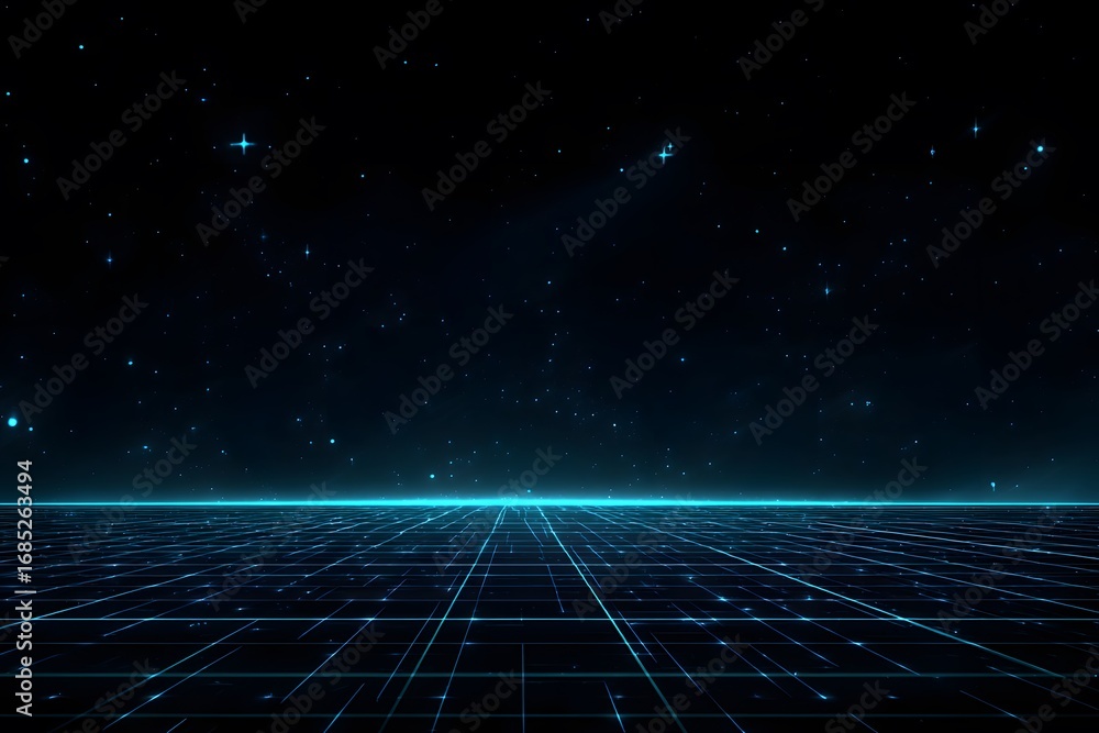 Poster A dark background with grid lines and stars. It is a digital illustration. The main color theme of the design should be blue. 