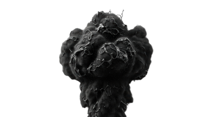 Voluminous charcoal-grey, oily soot cloud, viscous, mid-burst, expanding turbulently against stark white background with copy space, dramatic side-lighting. Concept of industrial pollution and