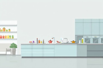 Light blue kitchen interior with various appliances and food items.
