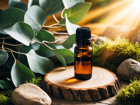 Organic Essential Oil Bottle with Green Leaves and Rocks