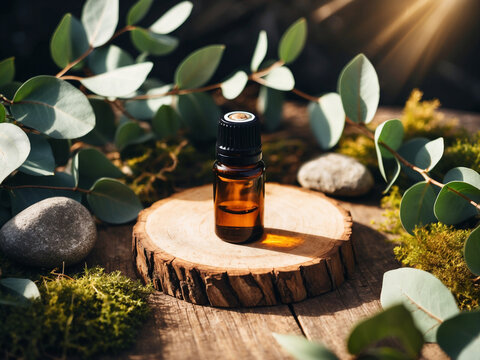 Amber Dropper Bottle Surrounded by Moss and Sunlight