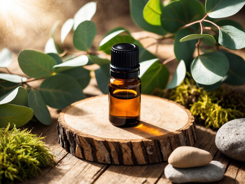 Aromatherapy Oil Bottle on Wooden Base and Stone Decor