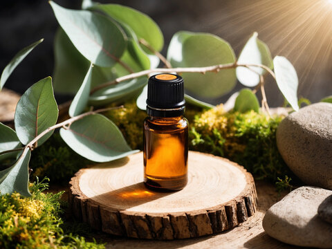 Natural Essential Oil Glass Bottle with Eucalyptus Leaves