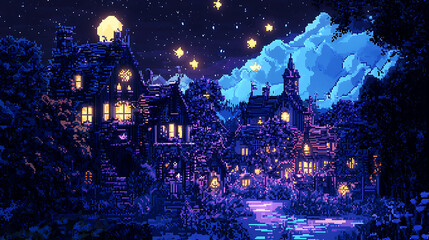 Obraz premium Night Village Pixel Art of a Cozy Town Under the Stars