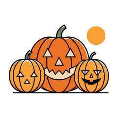 Three happy jack o lanterns with a full moon on white background