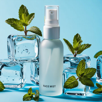 Natural Essential Spray Oil Bottle Surrounded by Leaves and Ice