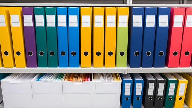 A row of colorful office folders, organizing and categorizing documents in a professional setting