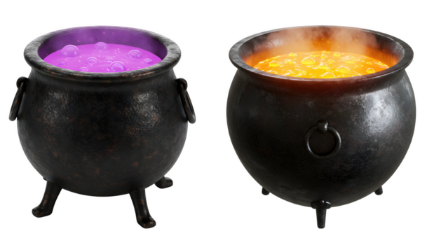 Black Cauldron with Colorful Potion for Halloween Witches, Magic Spells, and Scary Fantasy Themes