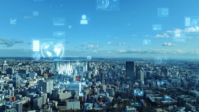 Modern city drone aerial view and digital technology concept