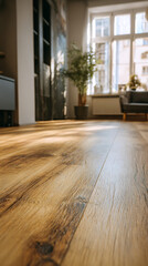 Obraz premium High-quality photo of low angle shot focuses on luxury vinyl plank flooring inside home. Floor wood planks create warm, cozy ambiance in house interior. Laminate parquet design.