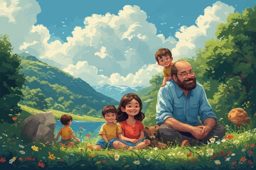 Fototapeta premium A family enjoying a peaceful day in nature, surrounded by flowers and greenery.