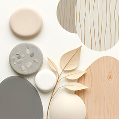 Minimalist composition with natural textures including wood, stone, concrete, and dried leaves