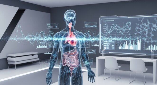 Digital Human Anatomy Diagram Showing Internal Organs and Data Visualizations in Modern Medical Laboratory - Powered by Adobe