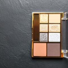Fototapeta premium Gold-toned makeup palette with various shades of eyeshadow, blush, and highlighter on dark grey stone