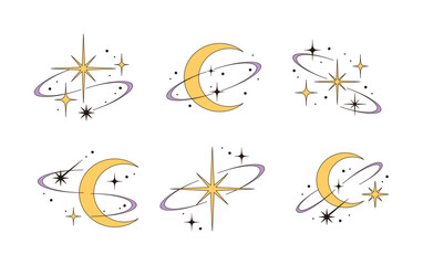 Celestial moon and star icons with orbit rings. Mystic space elements in yellow, black, and purple. Boho cosmic symbols, perfect for astrology, magic, and galaxy designs. © Tuesday04