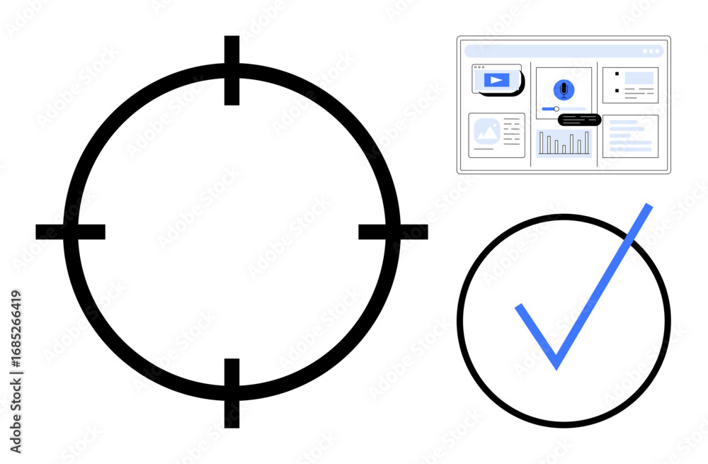 Poster circular target symbol, analytics dashboard with charts and video thumbnail, and checkmark inside a 