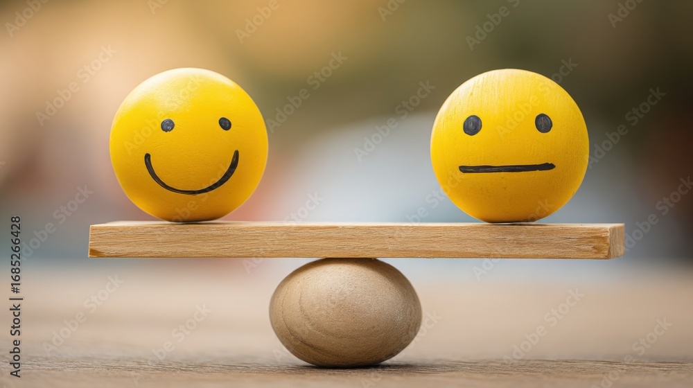 Poster two yellow eggs on a wooden balance scale representing ai balance controller concept for emotion log