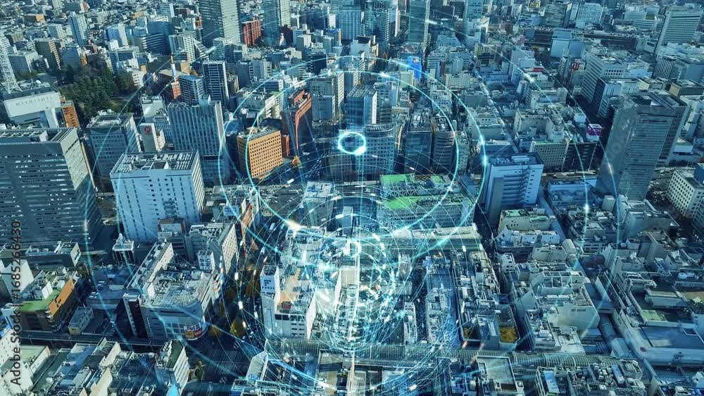 Poster 都市、ネットワーク、社会、ドローン、空撮、インフラ、交通、建設、拡散、テクノロジー、テック、ビル群、不動産、ai、iot、5g、dx、ict、cps、センサー、通信、解析、管理、可視化、ビッグデータ、