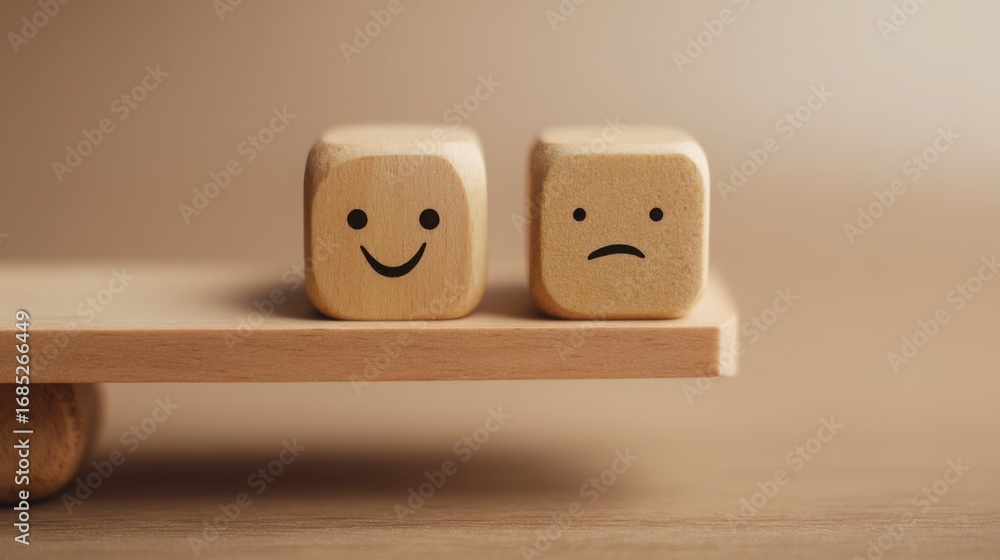 Poster two wooden blocks with faces representing emotions and interactions in a creative conceptual art set