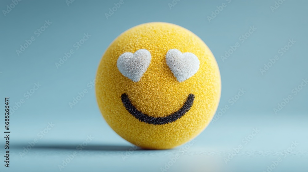 Poster smiley face created from sponge material representing joy and positive emotion in a playful artistic