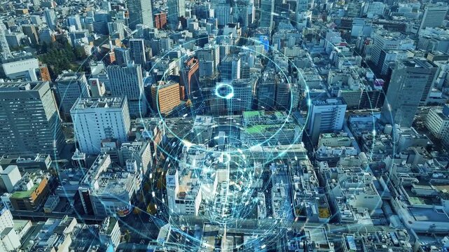 都市、ネットワーク、社会、ドローン、空撮、インフラ、交通、建設、拡散、テクノロジー、テック、ビル群、不動産、AI、IoT、5G、DX、ICT、CPS、センサー、通信、解析、管理、可視化、ビッグデータ、遠隔、制御、スマート、未来、俯瞰、建築、セキュリティ、産業、物流、景観、効率化、環境、デバイス、交通網、設計、システム、GPS、ナビゲーション、衛星、SF、住宅、市街地、サイバー、スマートシティ、CG