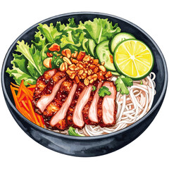 Watercolor Illustration of Bun Thit Nuong &ndash; Vietnamese Grilled Pork with Vermicelli Noodles and Fresh Herbs