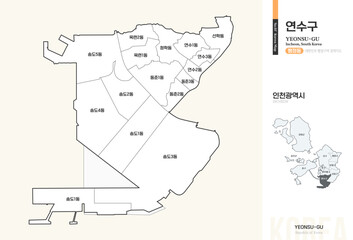 Obraz premium 인천광역시 연수구 행정동 윤곽선 지도