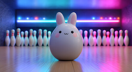 3d render of a cute rabbit-shaped bowling ball in pins background