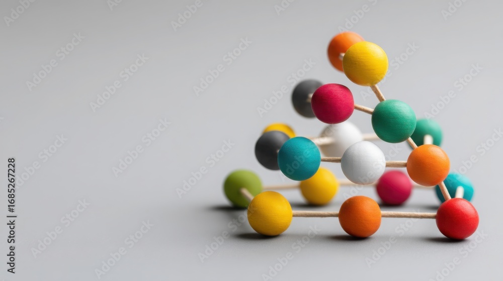 Poster colorful toy constructed from various colored balls representing nonlinear planning model in ai deci