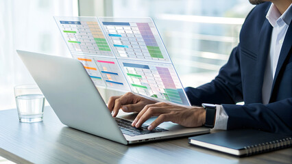 Professional businessman analyzing colorful spreadsheet data on futuristic transparent screen, optimizing workflow and productivity