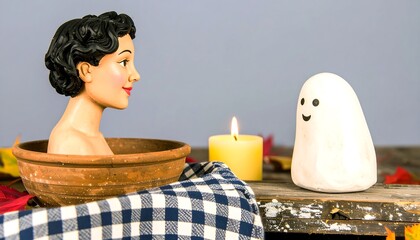 Antique doll in a bowl, Halloween ghost