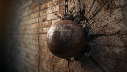 A weathered wrecking ball collides featuring an old brick wall, creating cracks and debris within warm afternoon light, captured in close-up detail with the gritty industrial mood