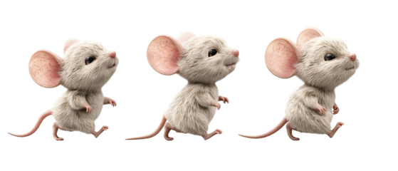 Series of adorable cartoon mice walking left to right with slight pose variations, isolated on transparent background.

