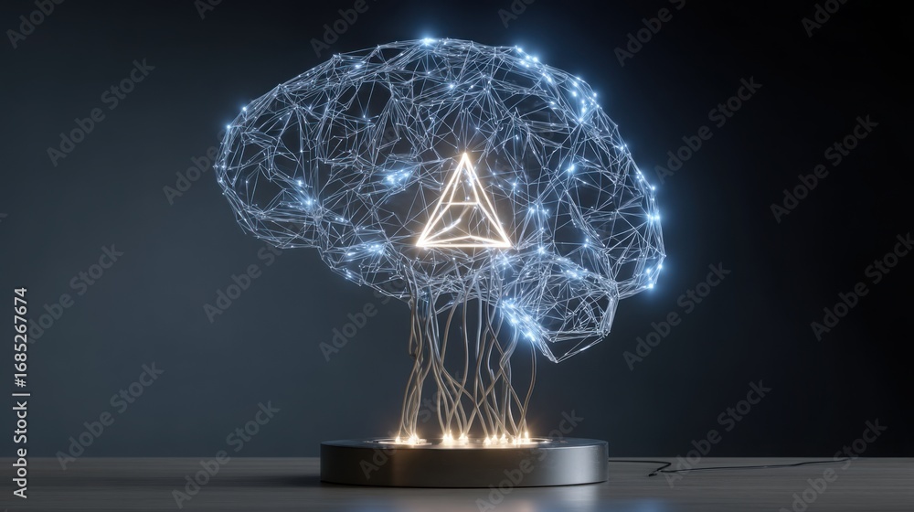 Poster abstract glowing brain symbolizing intelligence and cognitive functionality in a modern digital worl