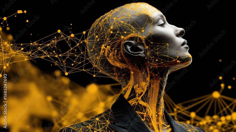 Poster woman's head surrounded by a complex network of lines and dots representing connectivity and neural 