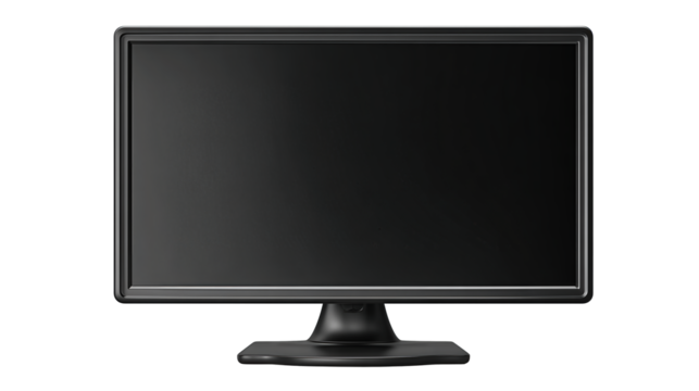 Modern black flat-screen desktop monitor with slim bezel on a minimal stand, screen turned off, isolated on transparent background.
