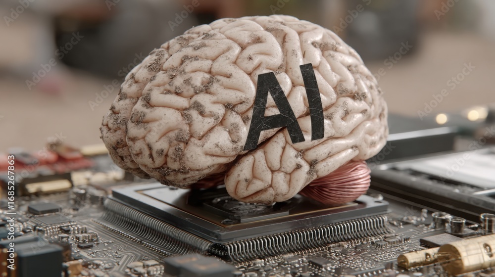 Poster artistic representation of a brain on a motherboard emphasizing the intersection of ai and core tech