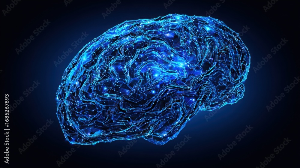 Poster detailed image of a human brain highlighting key concepts in ai investment tuning and logical strate