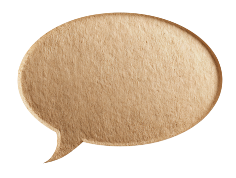 Textured kraft-paper dialogue bubble with rounded edges and fiber pattern, isolated on transparent background.
