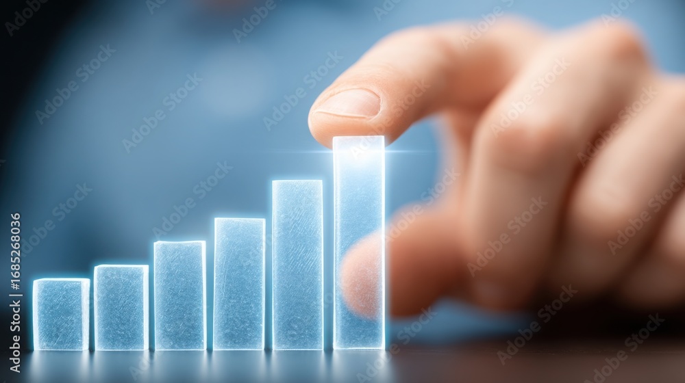 Poster hand interacting with a bar chart displaying economic trends and insights in ai macro dashboard visu