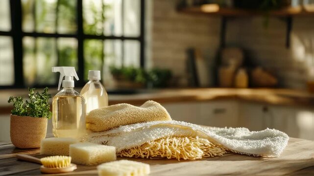 Eco-Friendly Cleaning Products in a Rustic Kitchen Setting for Sustainable Living