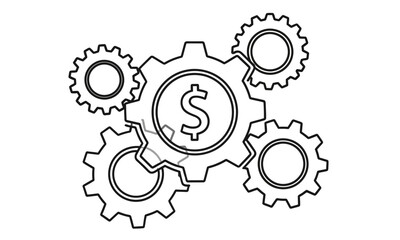 Conceptual illustration of interlocking gears with a dollar sign at the center, representing financial mechanics, economic system, and money management in business.