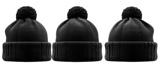 Row of knitted beanie outlines in solid black silhouette with subtle details, isolated on transparent background.

