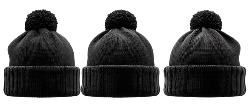 Row of knitted beanie outlines in solid black silhouette with subtle details, isolated on transparent background.
- Powered by Adobe
