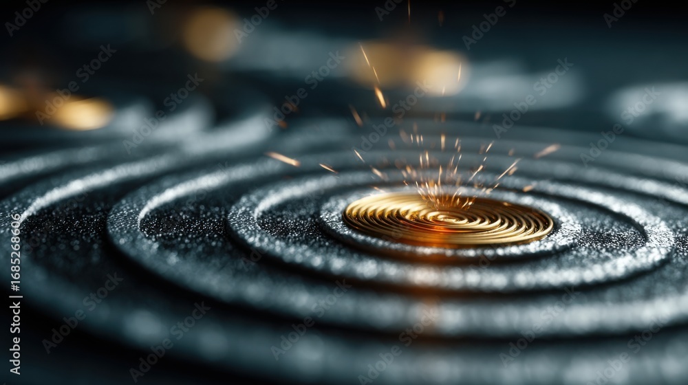 Poster spiraling energy with sparks emanating from the center representing precision in focused execution a